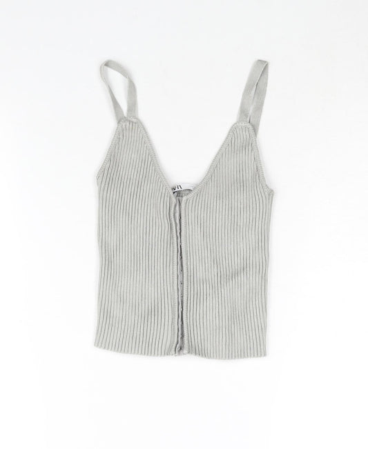 Zara Womens Grey V-Neck Viscose Vest Jumper Size S - Ribbed Hook & Eye