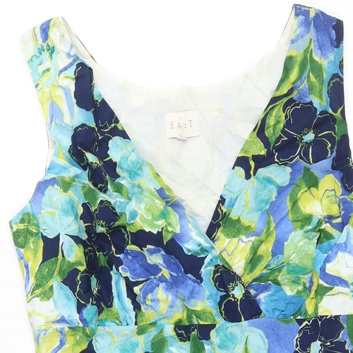 EAST Womens Blue Floral Cotton Shift Size 10 V-Neck Pullover