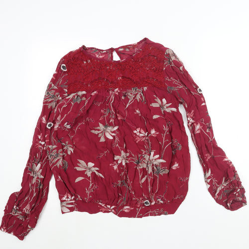 NEXT Womens Red Floral Viscose Basic Blouse Size 12 Round Neck - Lace Detail