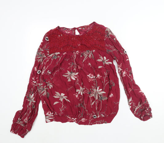 NEXT Womens Red Floral Viscose Basic Blouse Size 12 Round Neck - Lace Detail