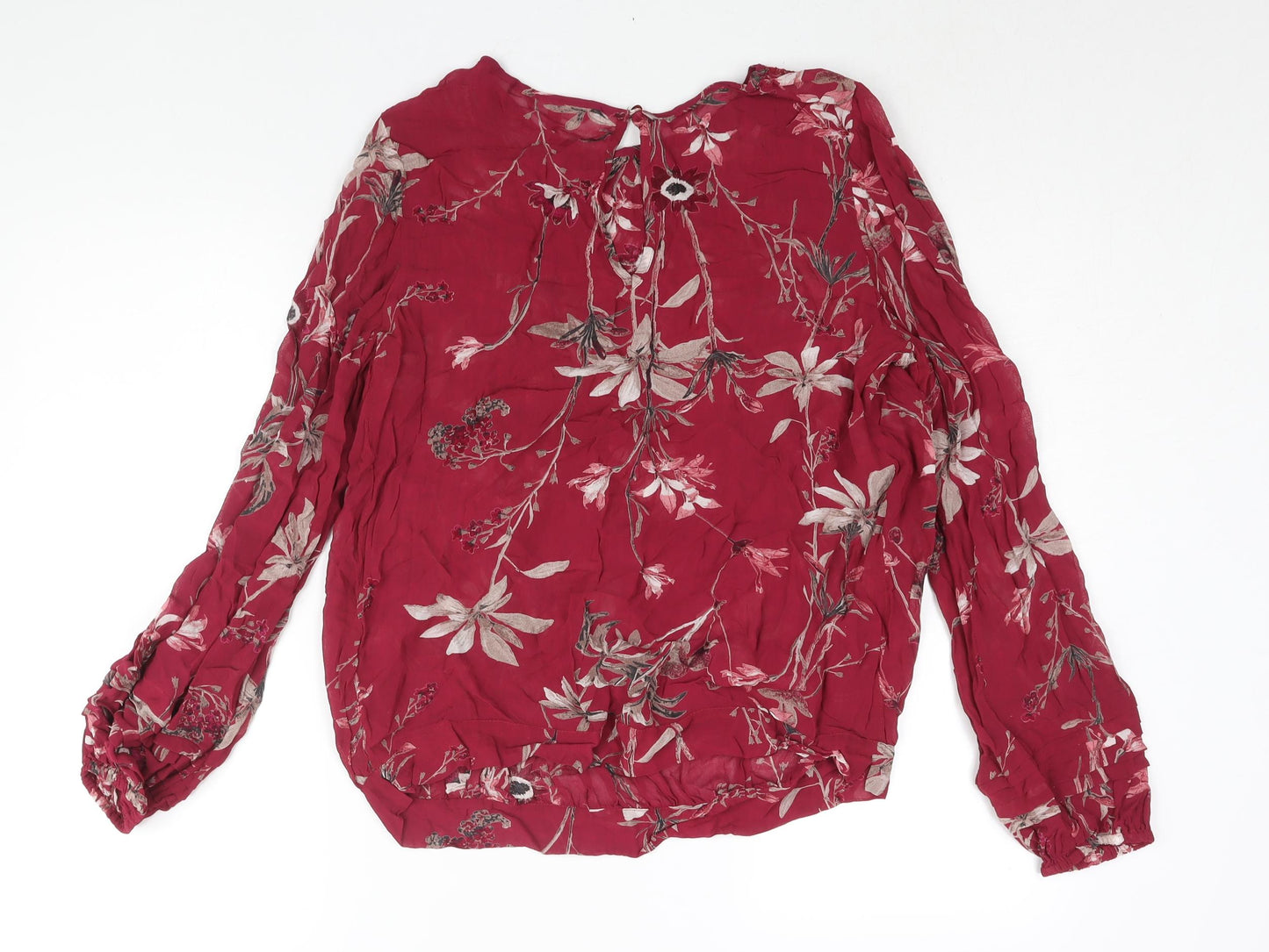 NEXT Womens Red Floral Viscose Basic Blouse Size 12 Round Neck - Lace Detail