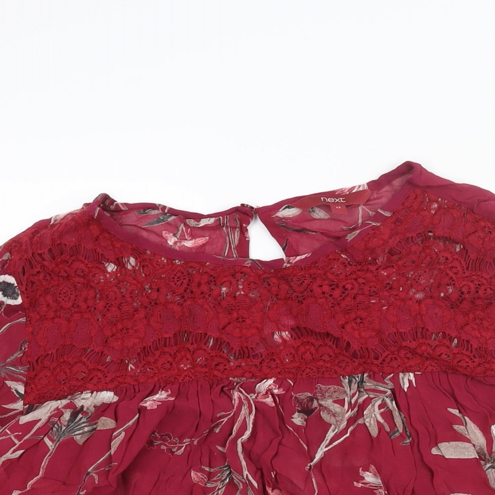 NEXT Womens Red Floral Viscose Basic Blouse Size 12 Round Neck - Lace Detail