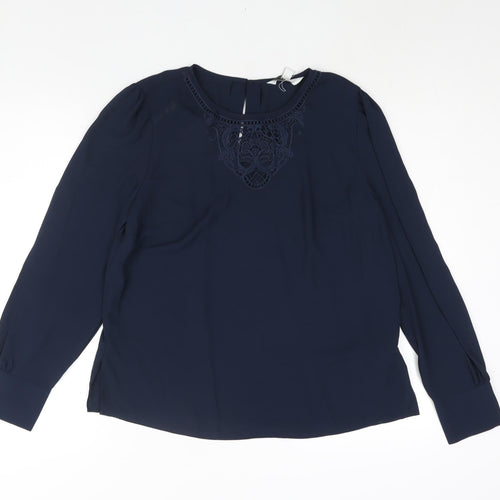 Marks and Spencer Womens Blue Polyester Basic Blouse Size 12 Round Neck - Lace Detail