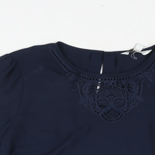 Marks and Spencer Womens Blue Polyester Basic Blouse Size 12 Round Neck - Lace Detail