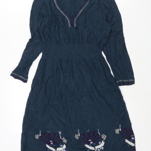 White Stuff Womens Blue Viscose Jumper Dress Size 12 V-Neck Pullover - Geometric Embroidery