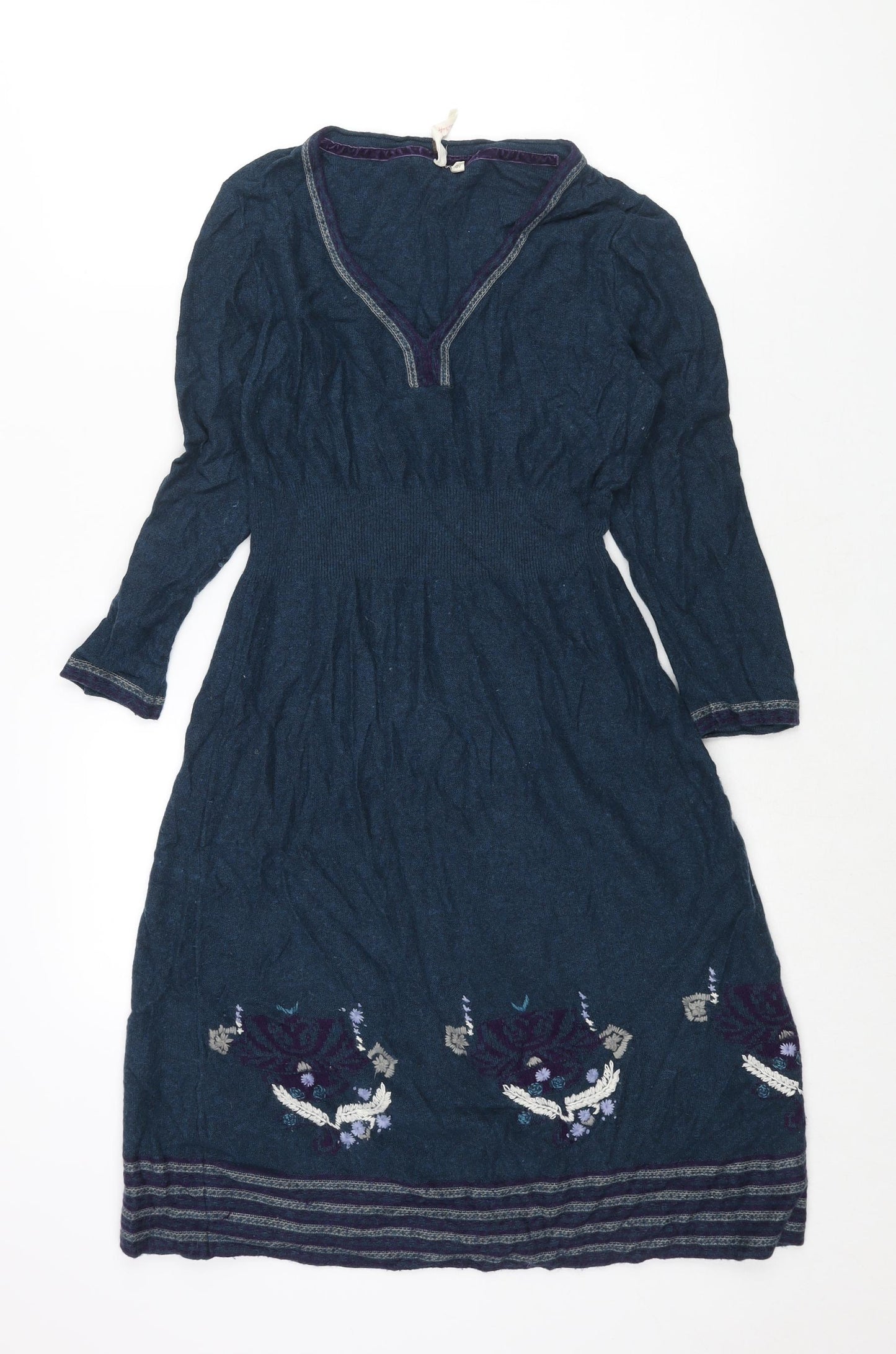 White Stuff Womens Blue Viscose Jumper Dress Size 12 V-Neck Pullover - Geometric Embroidery