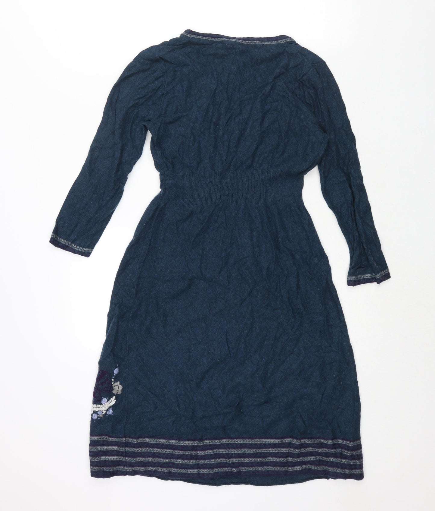 White Stuff Womens Blue Viscose Jumper Dress Size 12 V-Neck Pullover - Geometric Embroidery