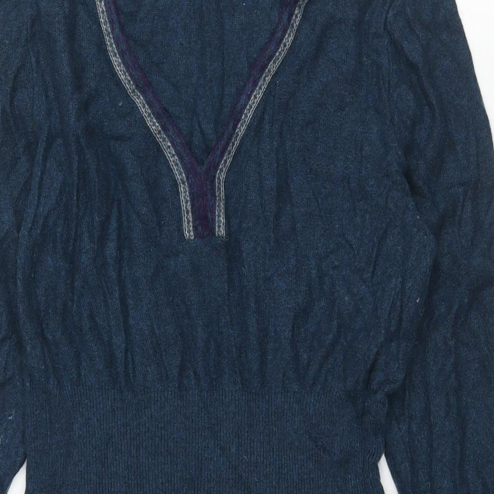 White Stuff Womens Blue Viscose Jumper Dress Size 12 V-Neck Pullover - Geometric Embroidery