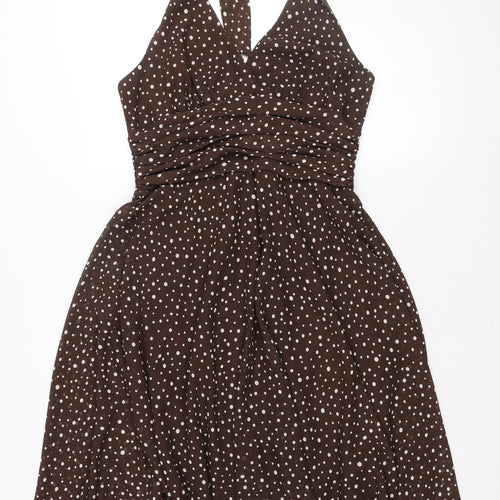 Debut Womens Brown Polka Dot Polyester Fit & Flare Size 14 Halter Zip