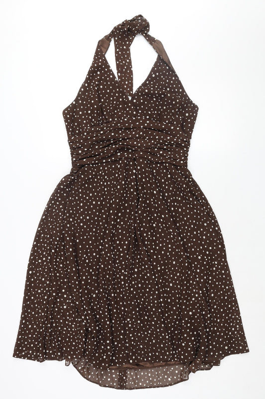 Debut Womens Brown Polka Dot Polyester Fit & Flare Size 14 Halter Zip