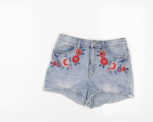 Denim & Co. Womens Blue Floral Cotton Basic Shorts Size 12 Regular Zip - Embroidered