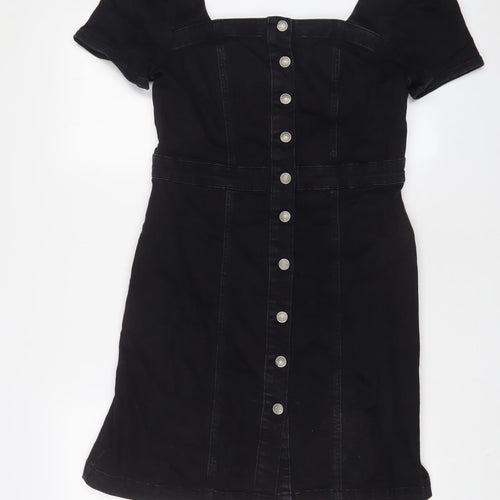 Denim & Co. Womens Black Cotton A-Line Size 14 Square Neck Button