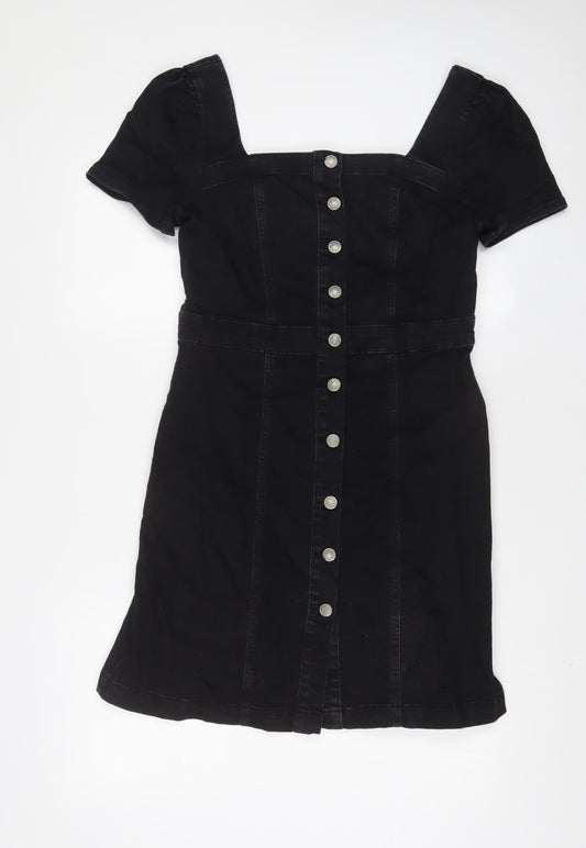 Denim & Co. Womens Black Cotton A-Line Size 14 Square Neck Button