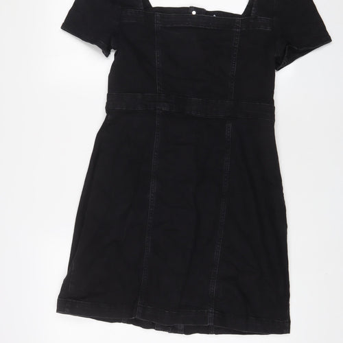 Denim & Co. Womens Black Cotton A-Line Size 14 Square Neck Button