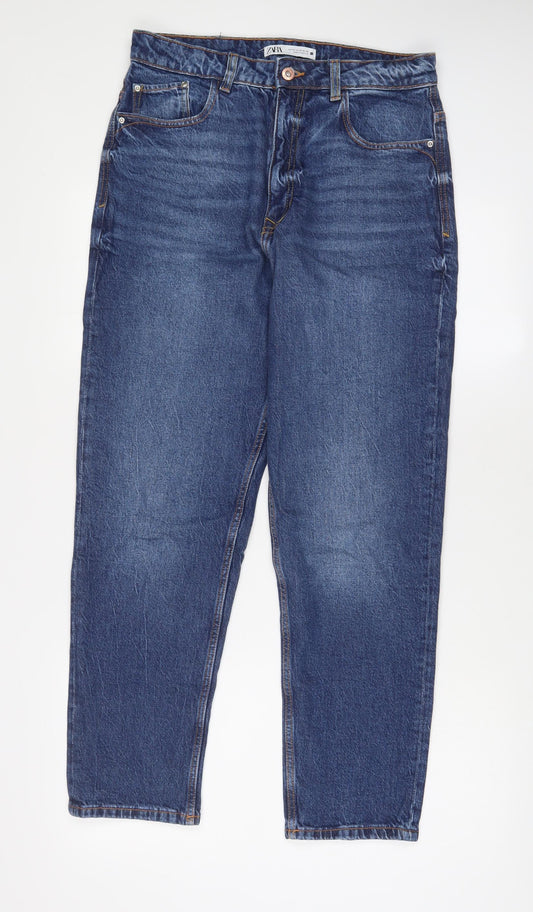 Zara Womens Blue Cotton Straight Jeans Size 14 L30 in Regular Zip