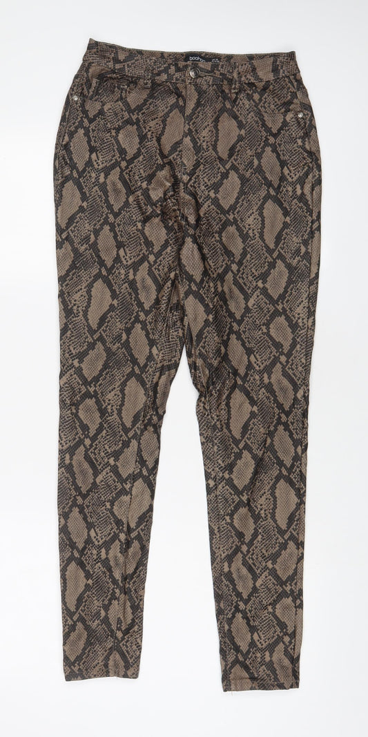 Boohoo Womens Brown Animal Print Viscose Trousers Size 12 L28 in Regular Zip - Leather Look