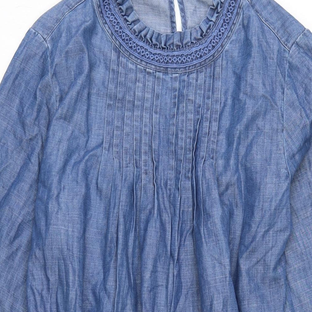 Marks and Spencer Womens Blue Houndstooth Cotton Skater Dress Size 12 Crew Neck Button