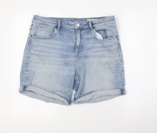 Marks and Spencer Womens Blue Cotton Boyfriend Shorts Size 14 Regular Button - Turn Ups