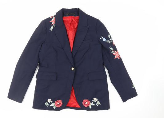 Zara Womens Blue Jacket Blazer Size L Button - Embroidered Flowers