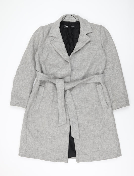 Zara Womens Grey Overcoat Coat Size S Tie