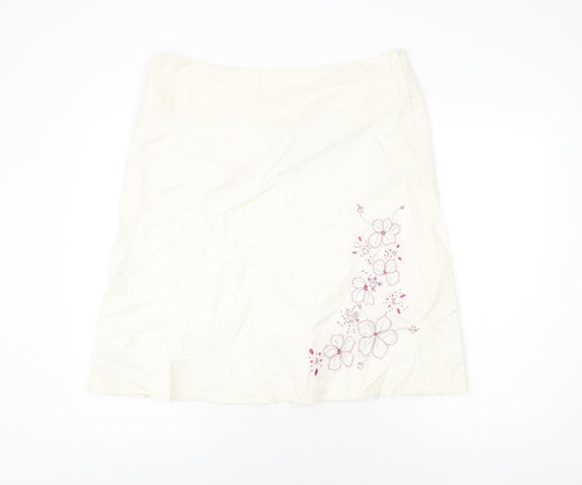 New Look Womens White Floral Linen A-Line Skirt Size 10 Zip