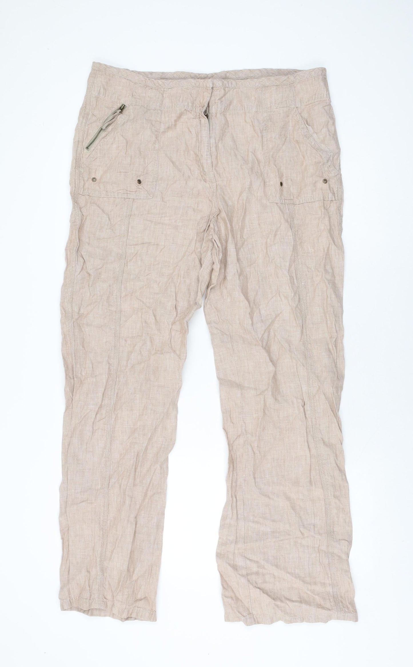 Per Una Womens Beige Linen Trousers Size 18 L32 in Regular Zip