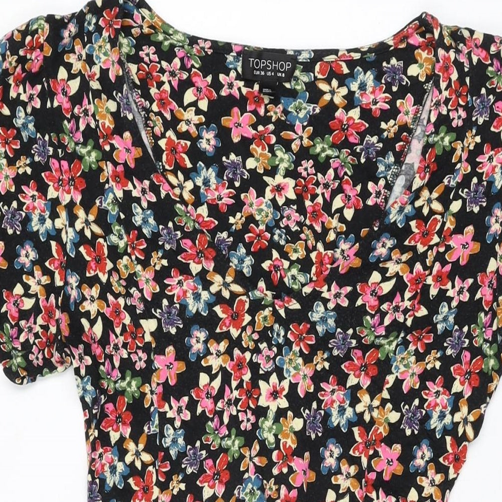 Topshop Womens Black Floral Viscose Skater Dress Size 8 V-Neck Tie