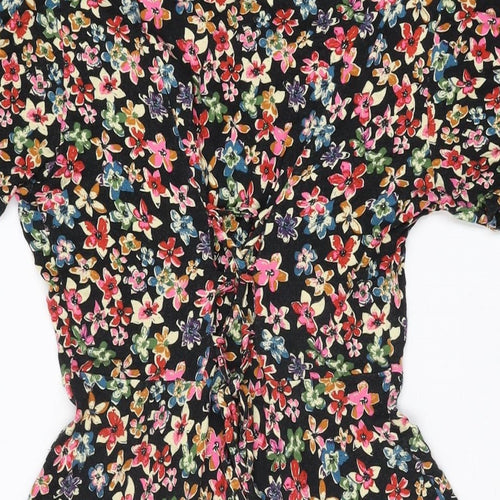 Topshop Womens Black Floral Viscose Skater Dress Size 8 V-Neck Tie