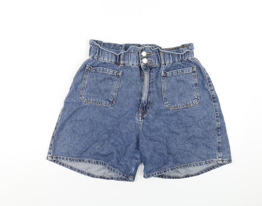 Pull&Bear Womens Blue Cotton Paperbag Shorts Size 12 L6 in Regular Zip