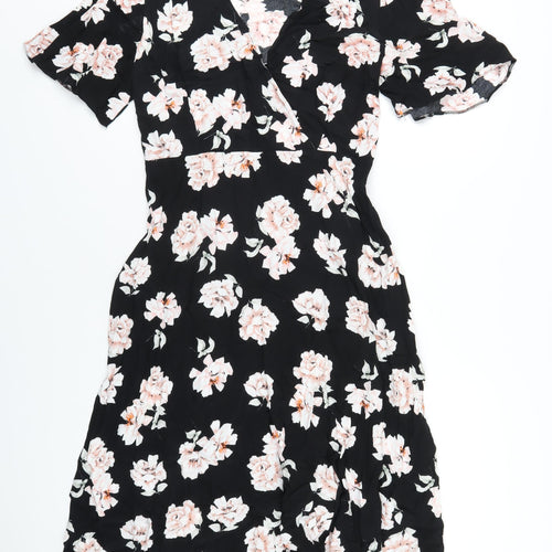 New Look Womens Black Floral Viscose A-Line Size 10 V-Neck Zip