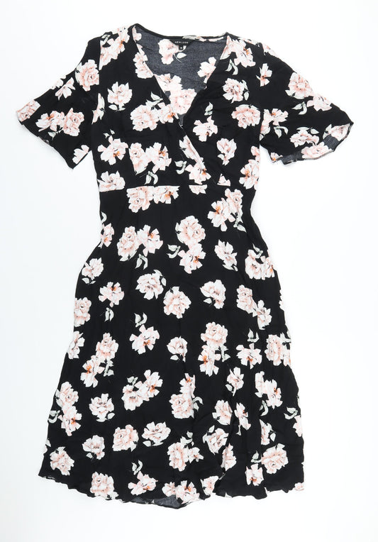 New Look Womens Black Floral Viscose A-Line Size 10 V-Neck Zip