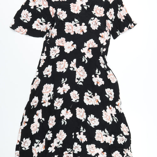 New Look Womens Black Floral Viscose A-Line Size 10 V-Neck Zip