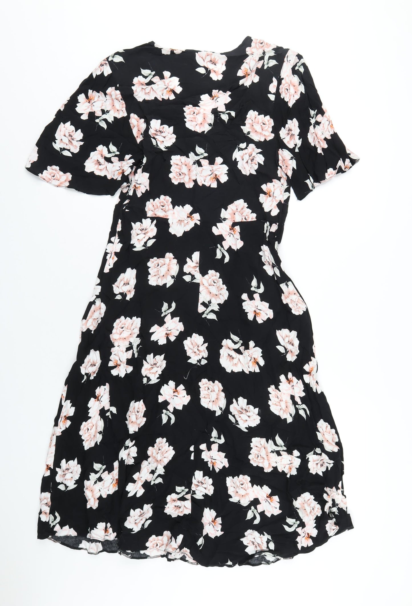 New Look Womens Black Floral Viscose A-Line Size 10 V-Neck Zip