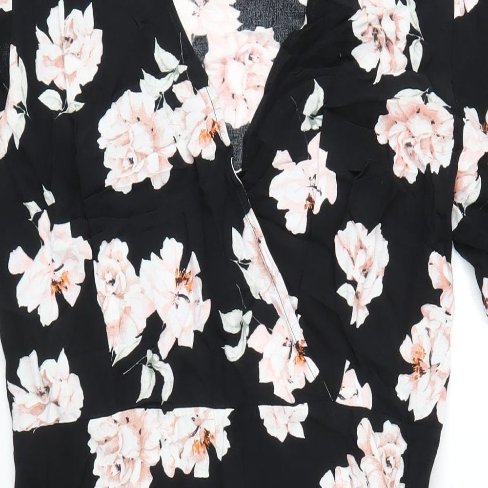 New Look Womens Black Floral Viscose A-Line Size 10 V-Neck Zip