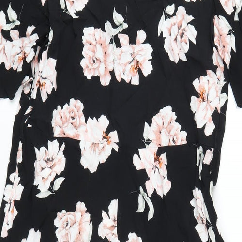 New Look Womens Black Floral Viscose A-Line Size 10 V-Neck Zip