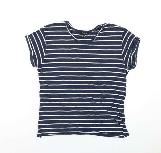 Miso Womens Blue Striped Cotton Basic T-Shirt Size 12 Round Neck