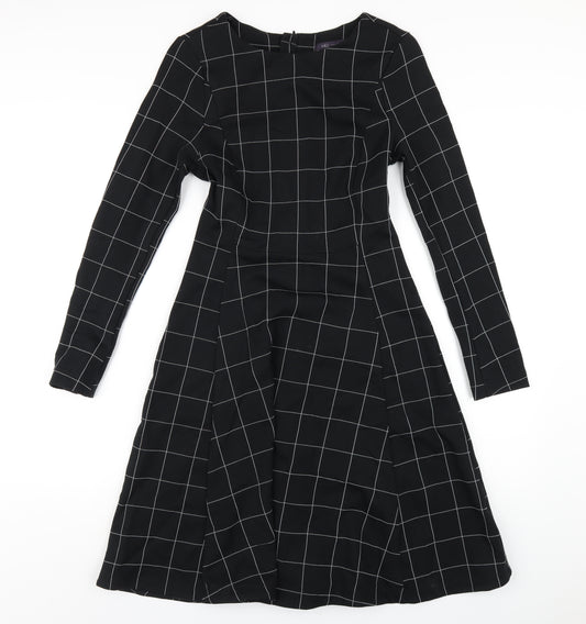 Marks and Spencer Womens Black Check Viscose A-Line Size 8 Round Neck Zip