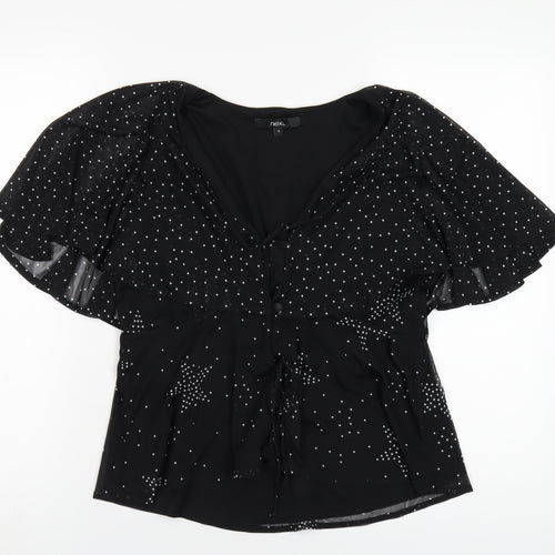 NEXT Womens Black Geometric Polyester Basic Blouse Size 14 V-Neck