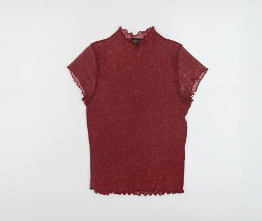 Topshop Womens Red Polyester Basic T-Shirt Size 12 Mock Neck