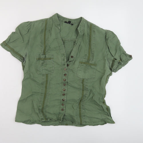 Linea Womens Green Linen Basic Blouse Size 14 V-Neck