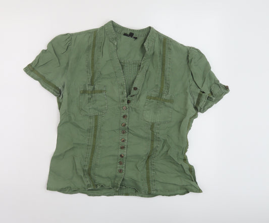 Linea Womens Green Linen Basic Blouse Size 14 V-Neck