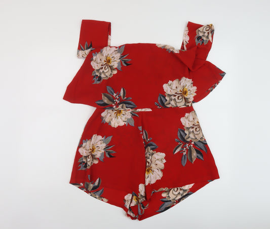 Missguided Womens Red Floral Polyester Playsuit One-Piece Size 12 Zip