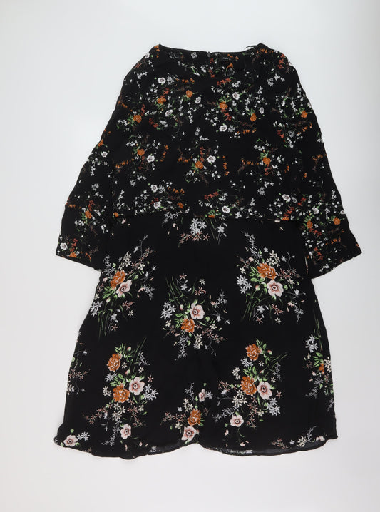 M&Co Womens Black Floral Viscose A-Line Size 18 Round Neck Zip