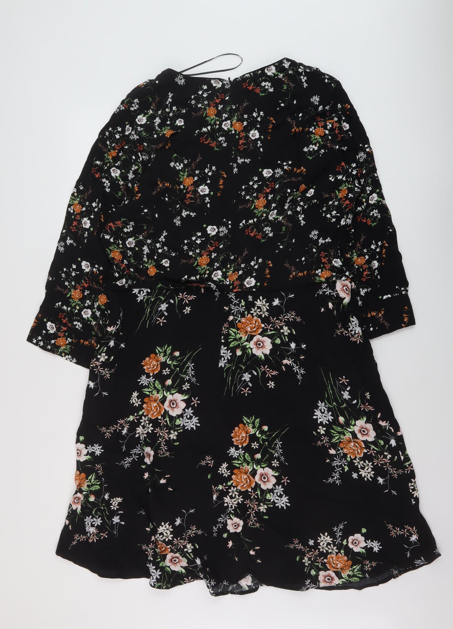 M&Co Womens Black Floral Viscose A-Line Size 18 Round Neck Zip