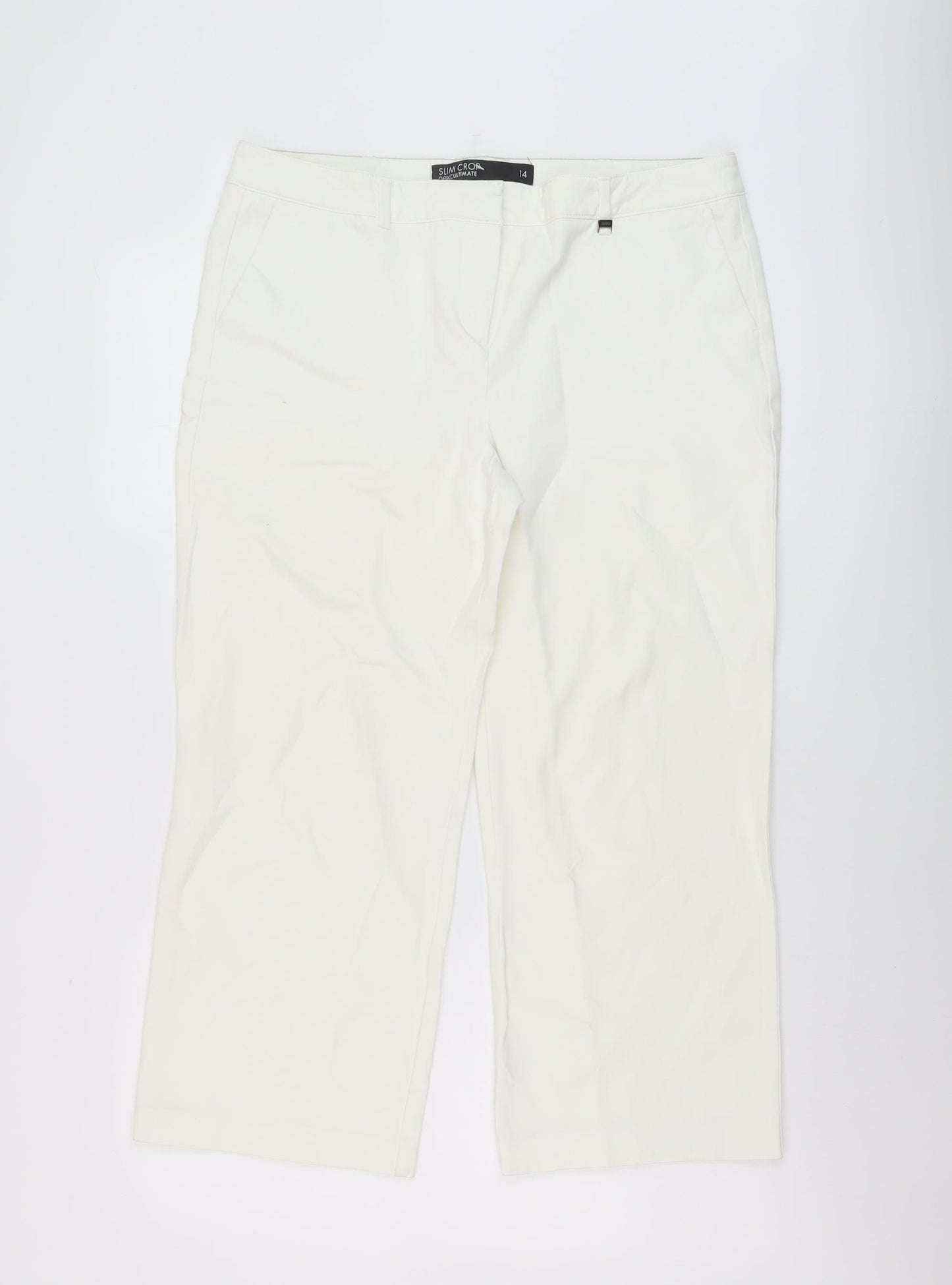 NEXT Womens Ivory Cotton Trousers Size 14 L24 in Slim Button