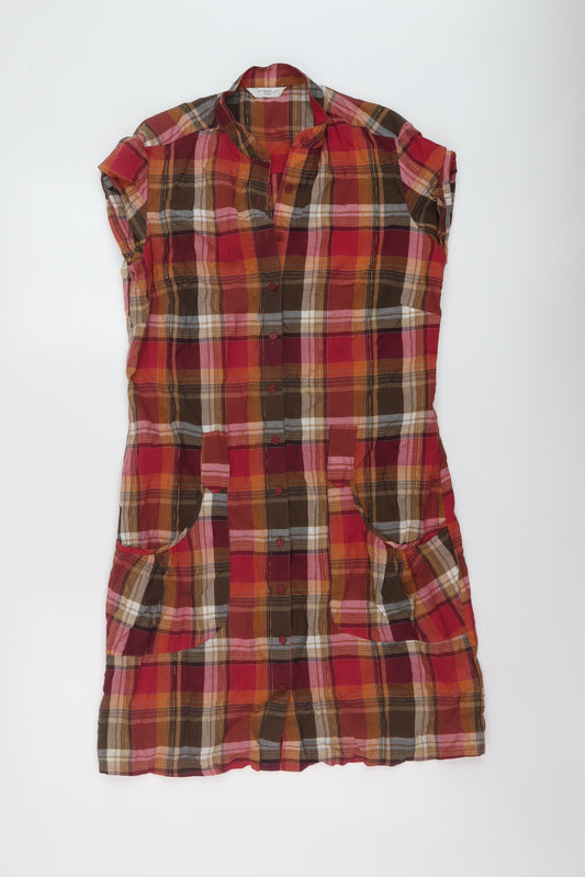 New Look Womens Red Plaid Cotton Shirt Dress Size 10 V-Neck Button