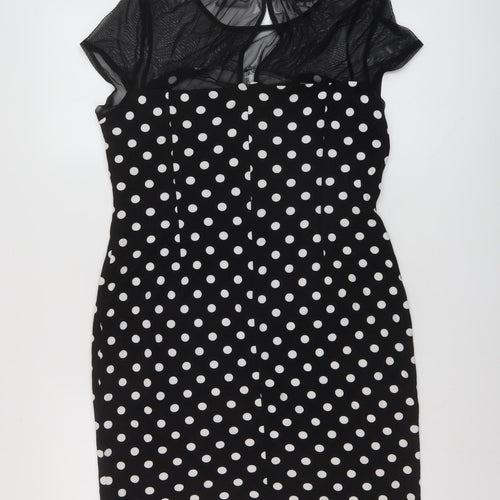 Wallis Womens Black Polka Dot Viscose Pencil Dress Size 14 Round Neck Button