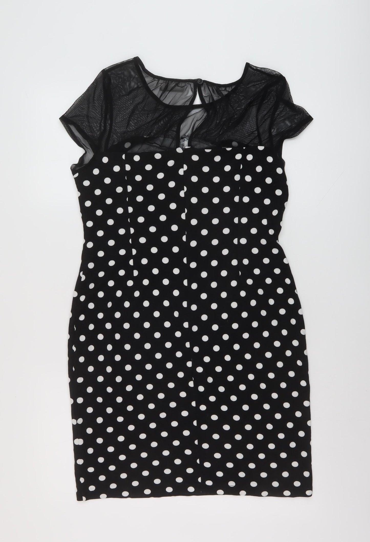 Wallis Womens Black Polka Dot Viscose Pencil Dress Size 14 Round Neck Button