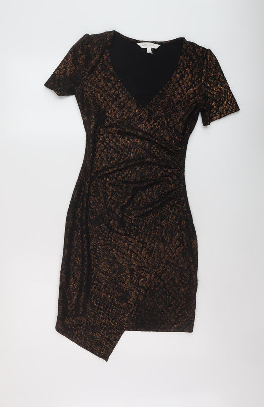 Apricot Womens Black Animal Print Polyester Bodycon Size 8 V-Neck Pullover