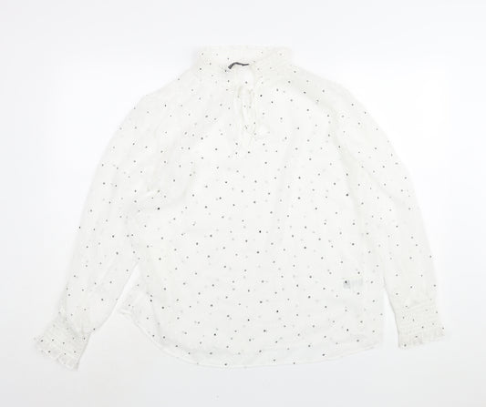 Marks and Spencer Womens White Polka Dot Polyester Basic Blouse Size 12 Mock Neck - Keyhole Neck